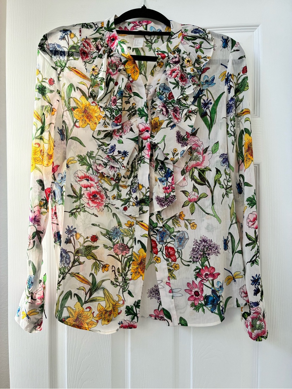 H&M White Floral Ruffle Tie-Neck Blouse